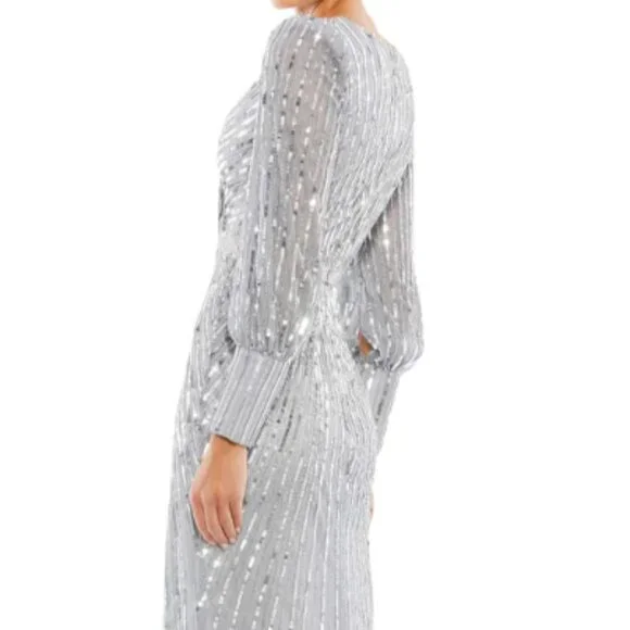MAC DUGGAL 5501 SEQUINED WRAP OVER BISHOP SLEEVE SLIVER GOWN sz 14